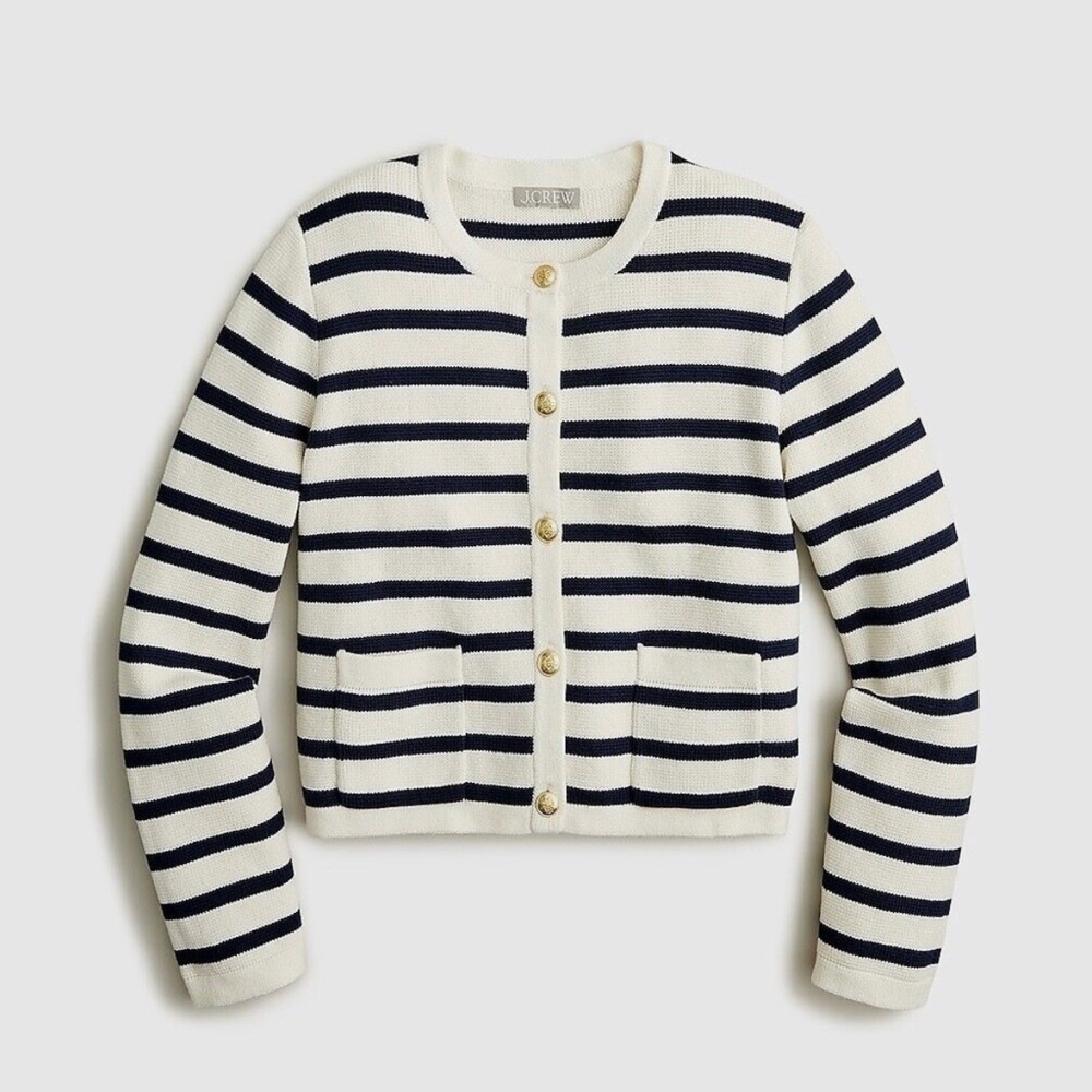 NWOT J. CREW Emilie Patch-Pocket Lady Jacket Cardigan Navy Blue White Striped XS